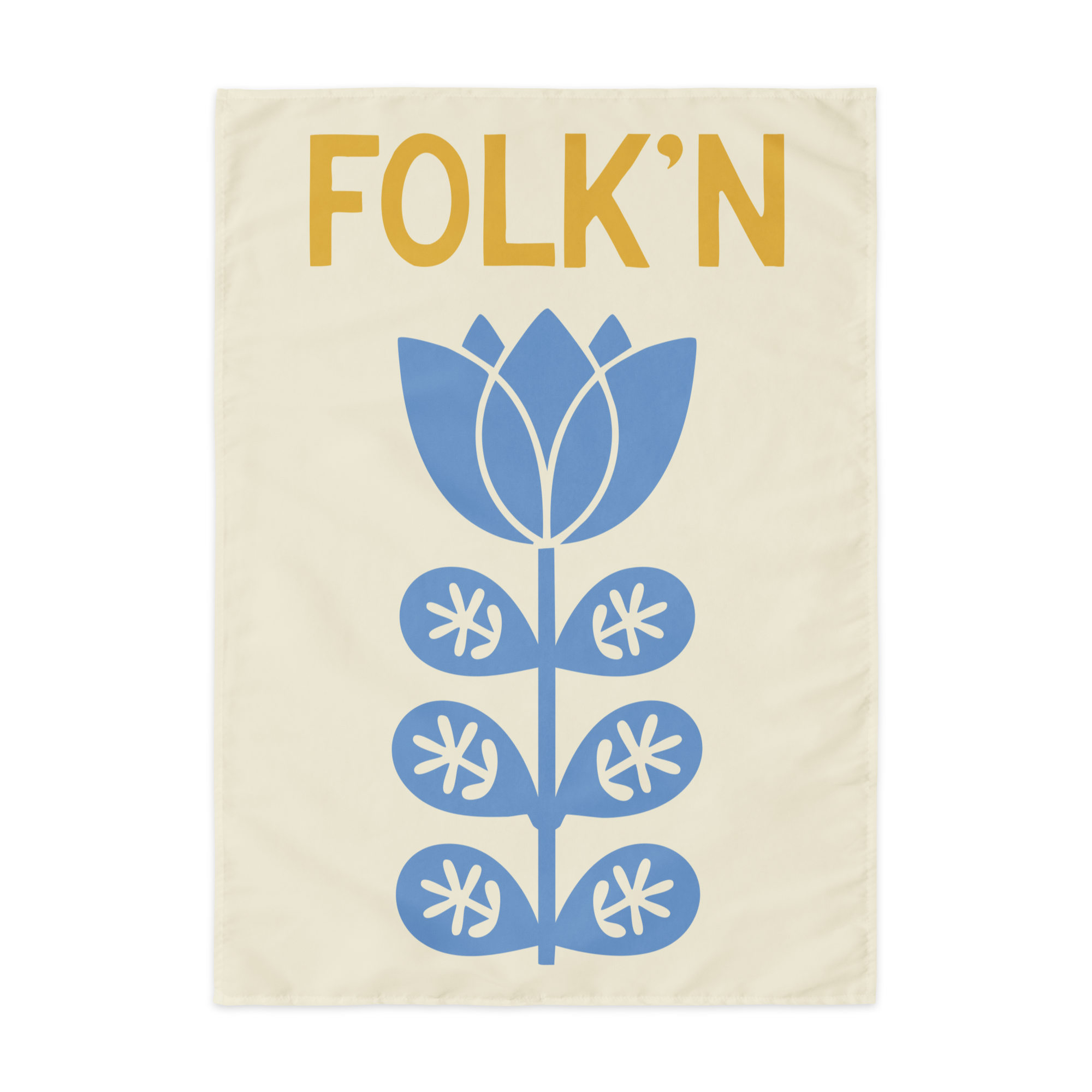 Folk'n blue tulip wall tapestry — screen-printed cotton banner.