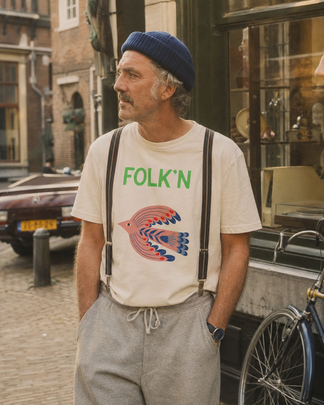 Folk'n pink bird tee — man in navy beanie and suspenders on a cobblestone street.