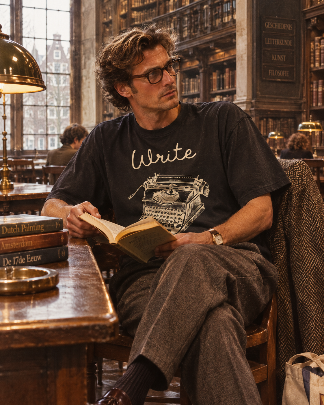 Write typewriter tee — man reading in an Amsterdam library.