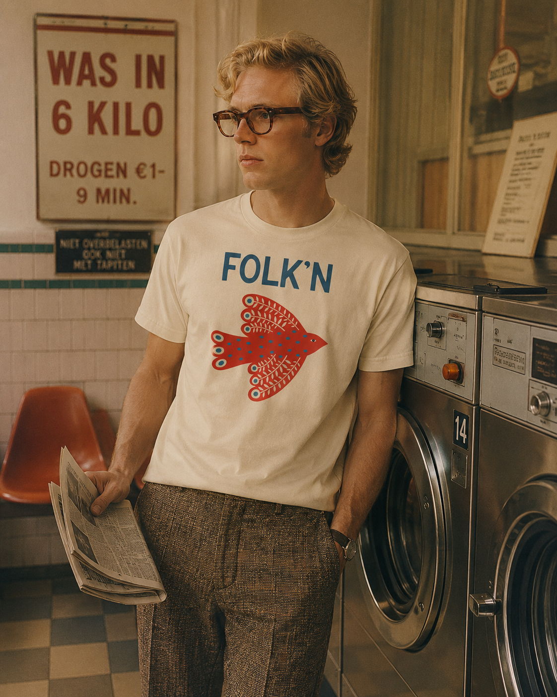 Folk'n red bird tee — man leaning against a laundromat dryer.