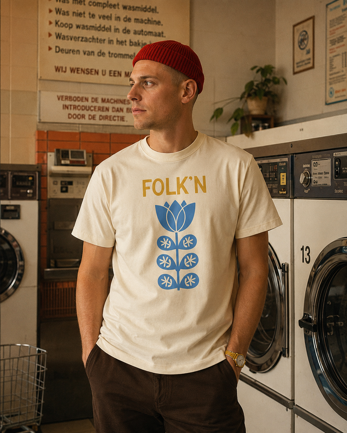 Folk'n blue tulip tee in a Dutch laundromat.