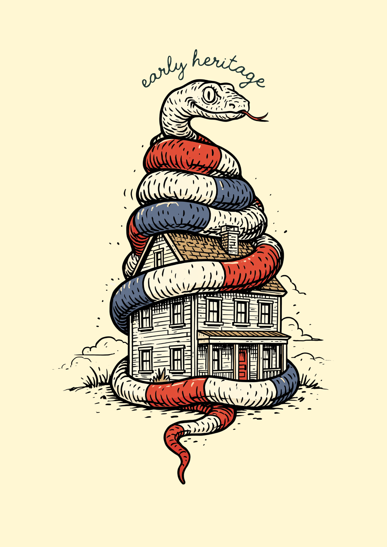 Snake coiled around a farmhouse illustration.