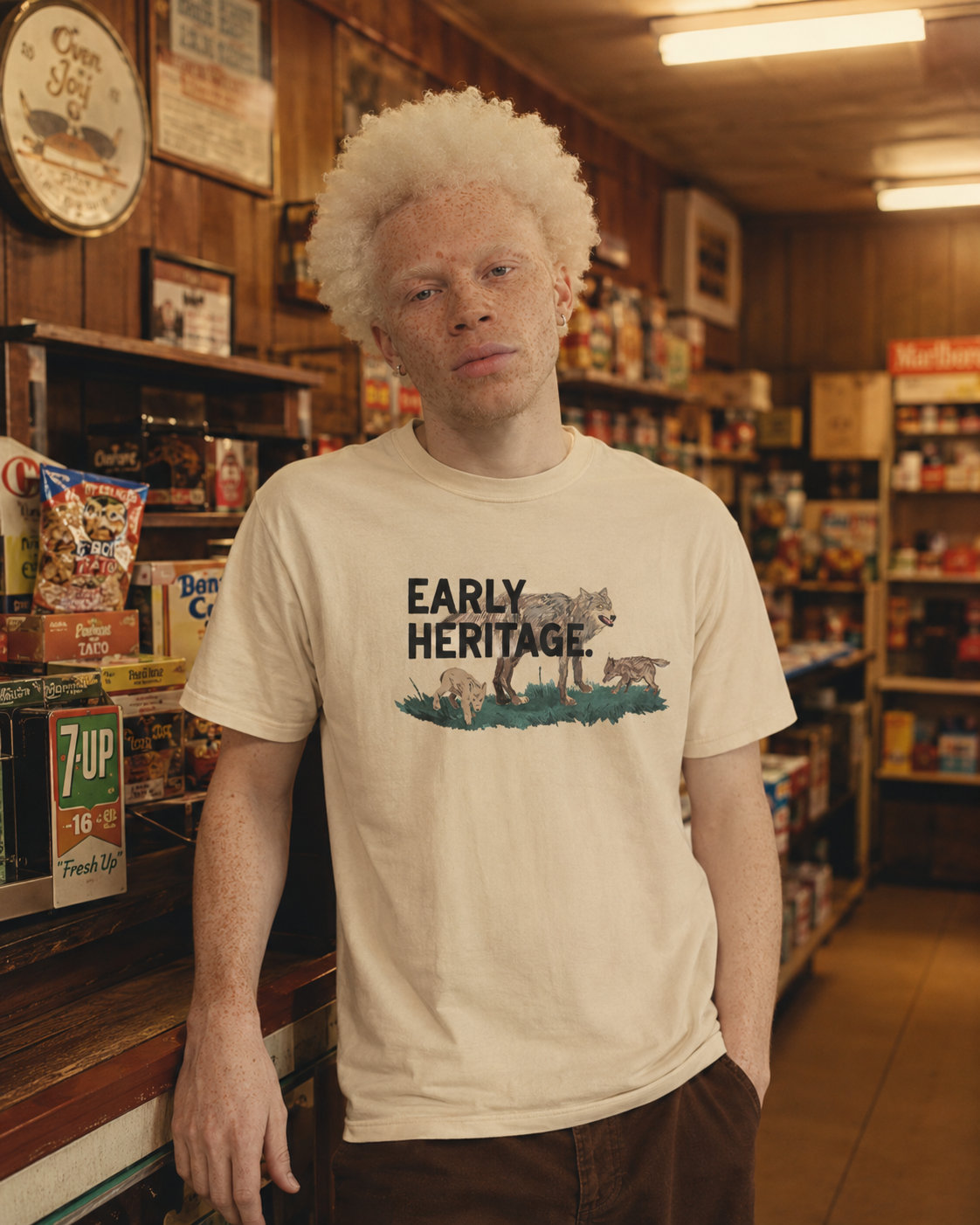 Early Heritage wolf tee photographed in a vintage bodega.