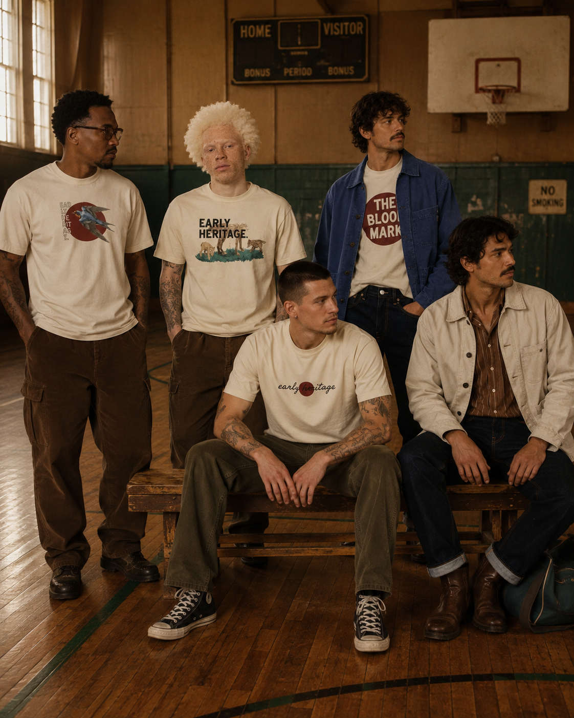 Five models in vintage Early Heritage tees and denim in an old gymnasium.