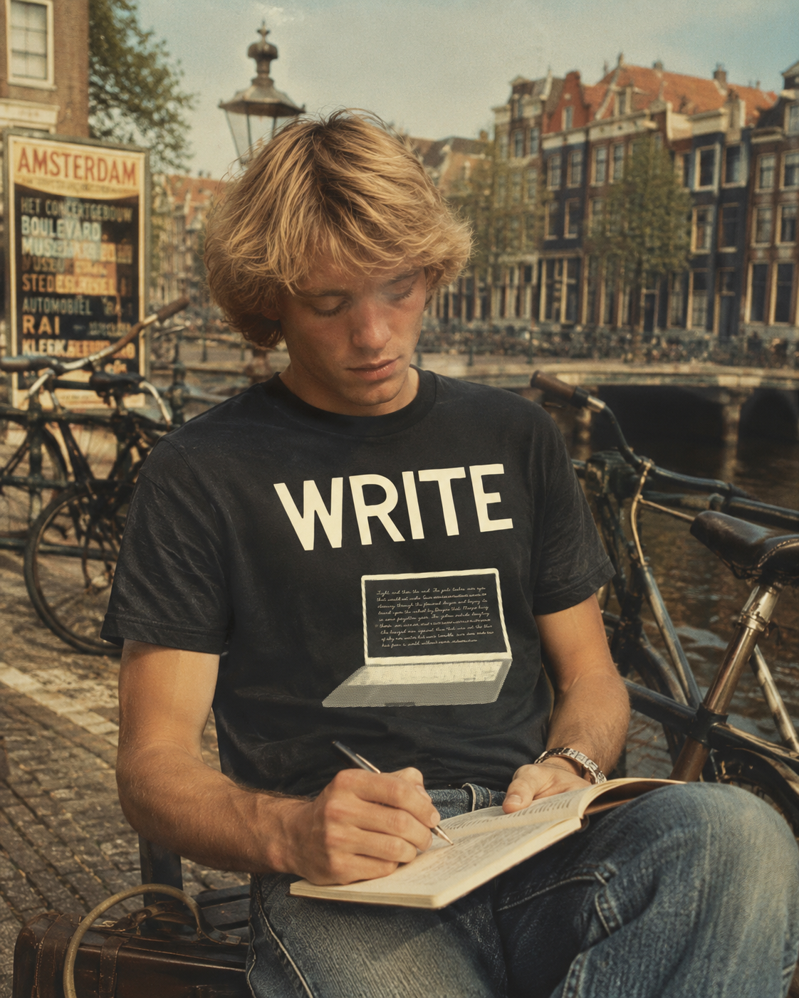 Write laptop tee — young man writing in a notebook by an Amsterdam canal.