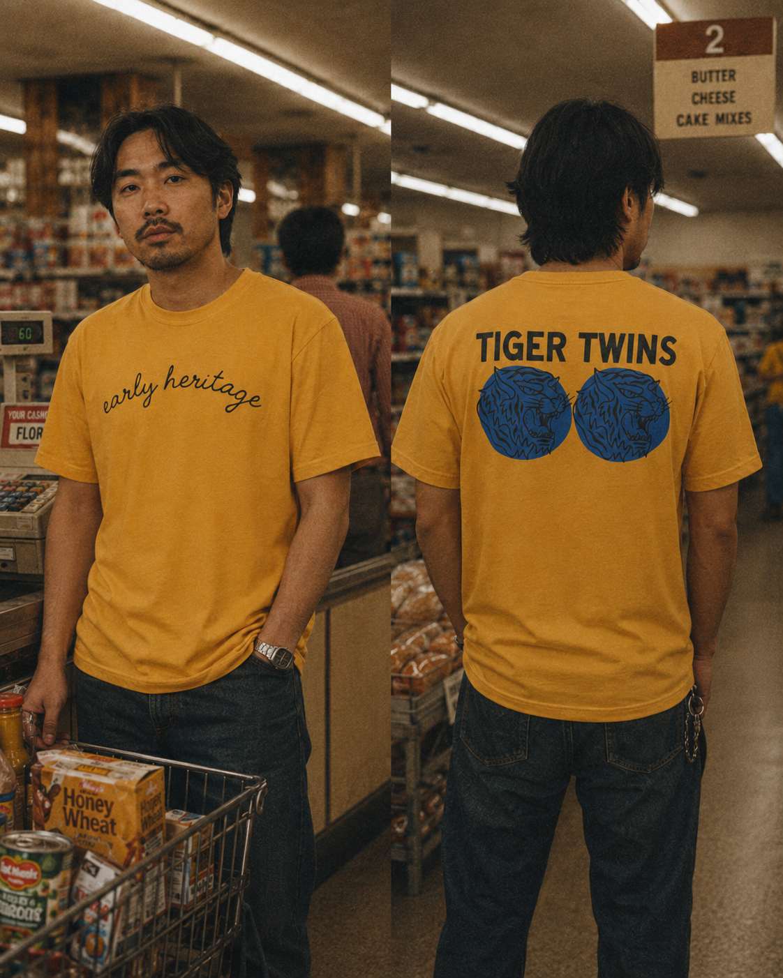Tiger Twins tee in mustard — front script and back tiger heads print, front and back study.