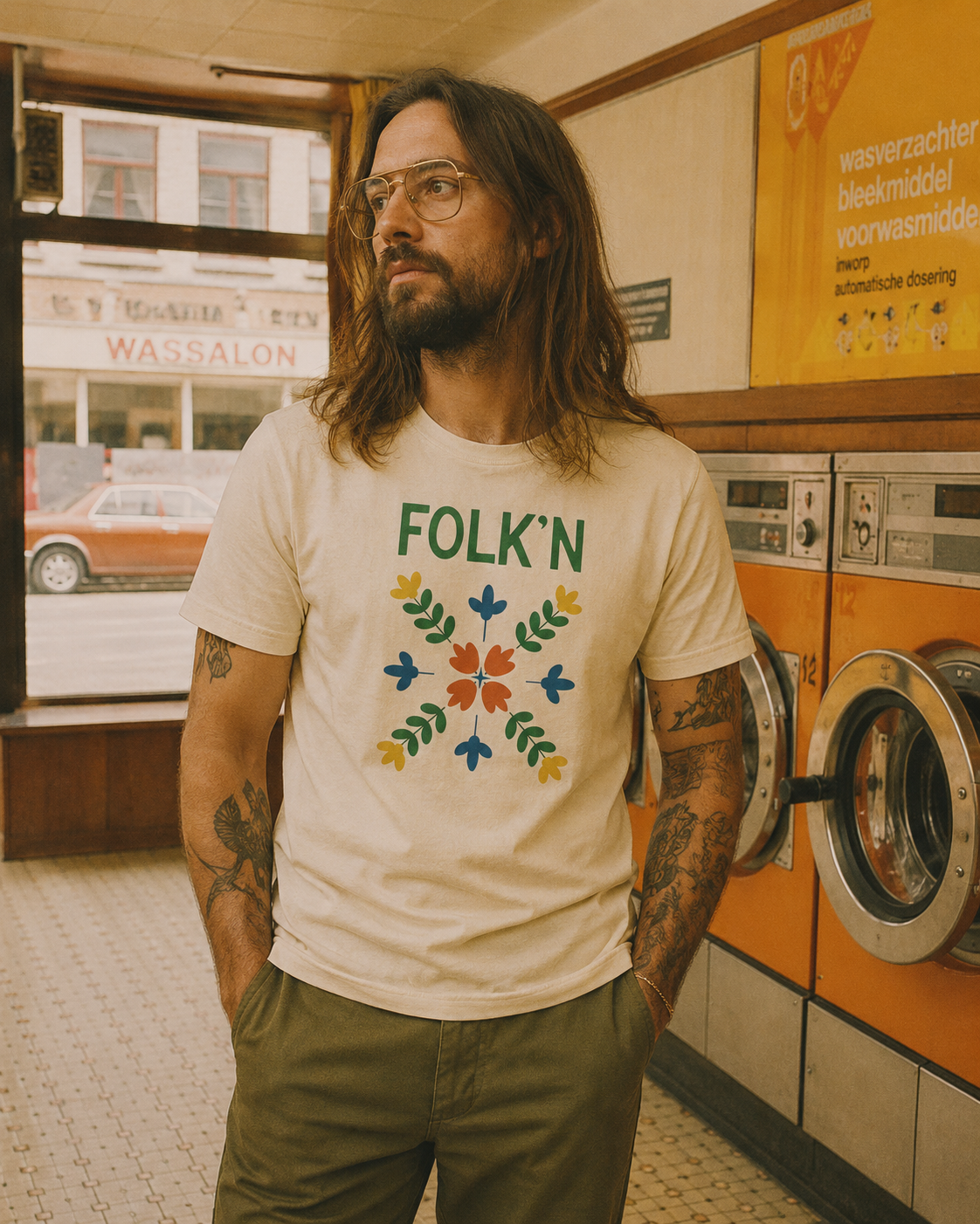 Folk'n flowers cross tee — tattooed man in front of orange laundromat machines.