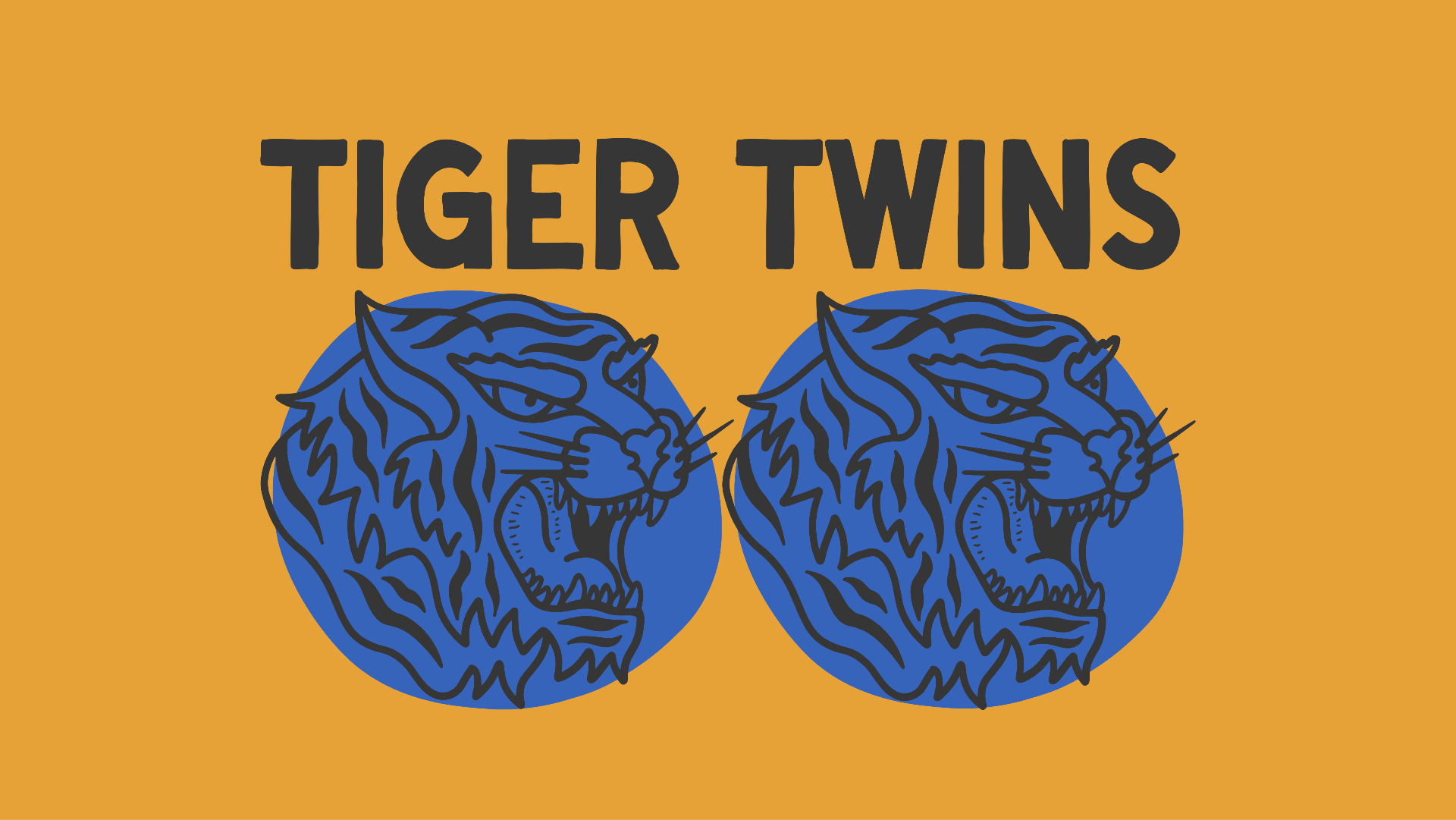 Tiger Twins twin-head emblem — cobalt heads on marigold.