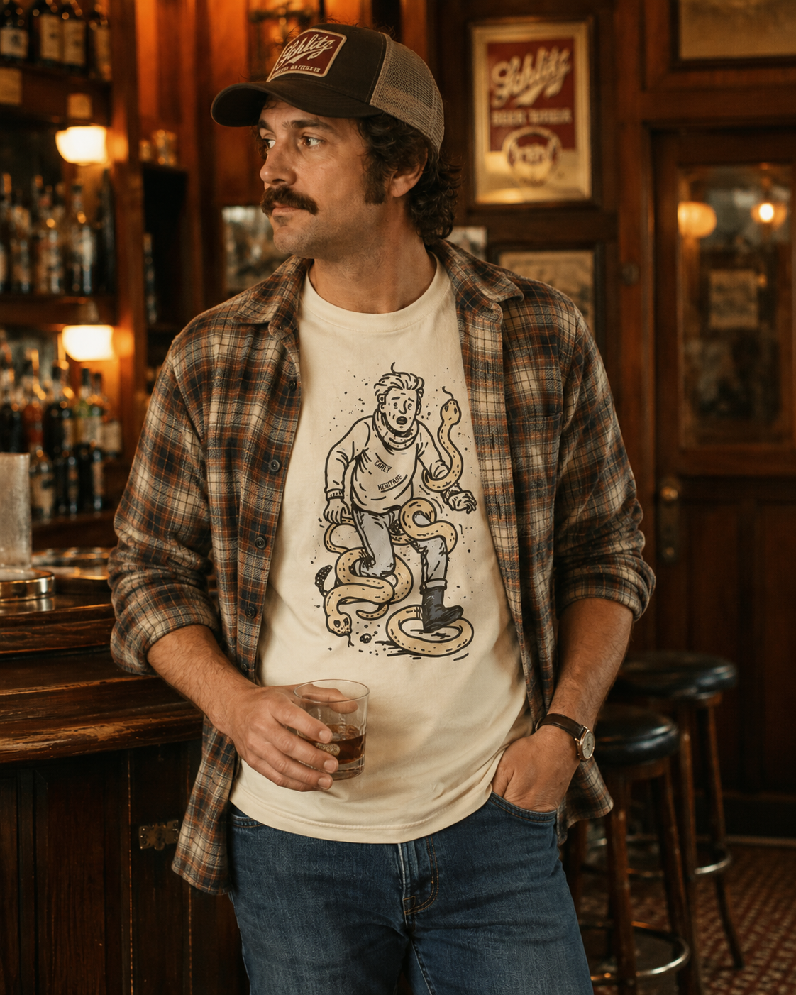 Model at a wood-paneled bar in the boots-and-snake cream tee.