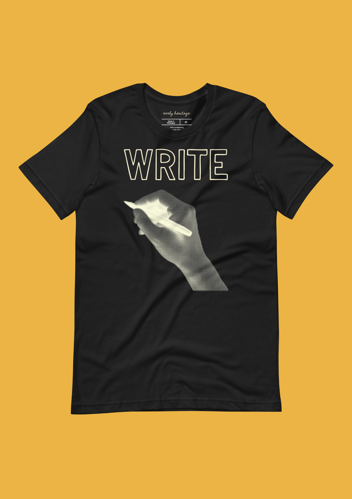 Write Pen Tee — outlined 'WRITE' over halftone hand holding a pen.