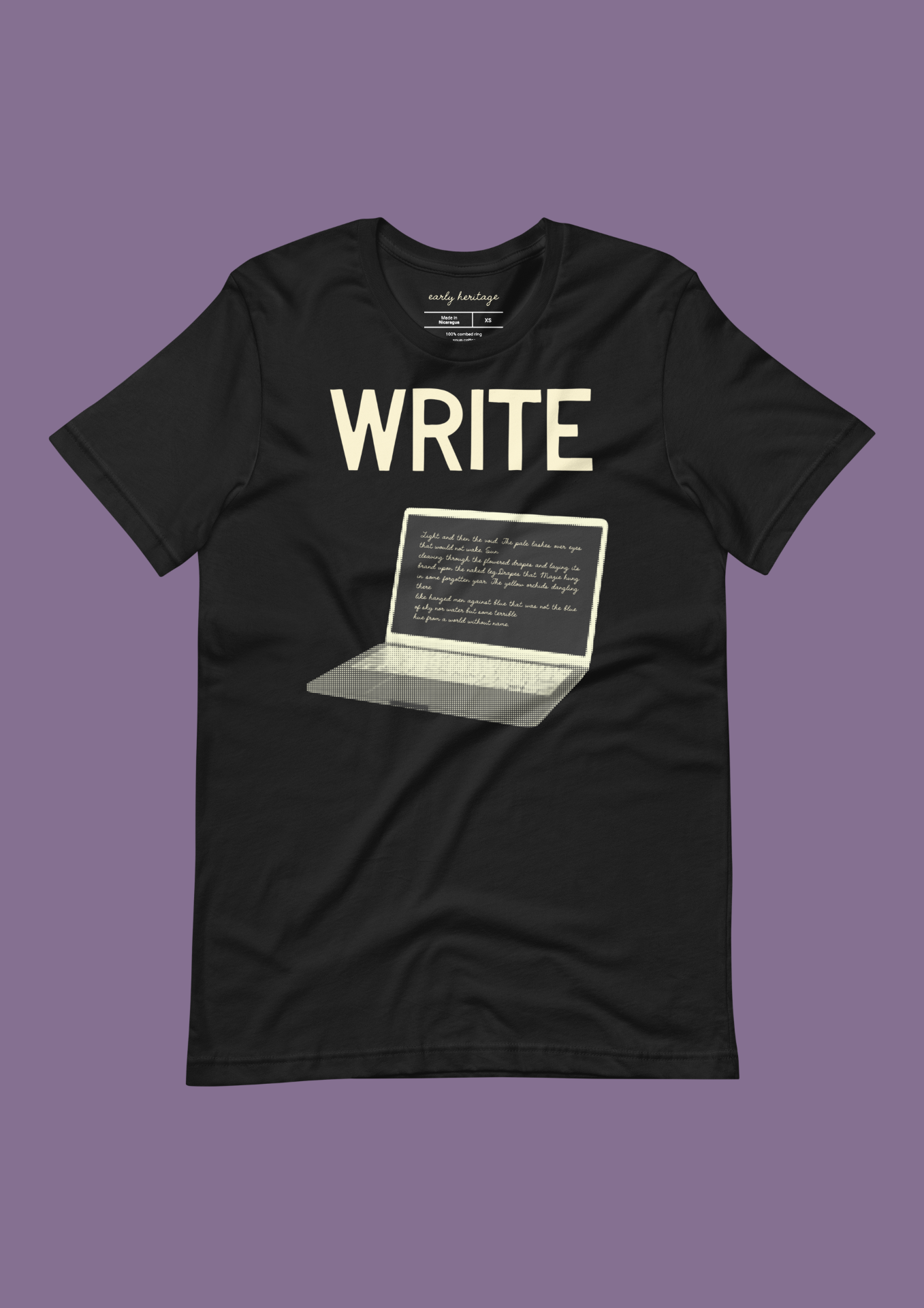 Write Laptop Tee — cream 'WRITE' over halftone laptop with cursive prose.