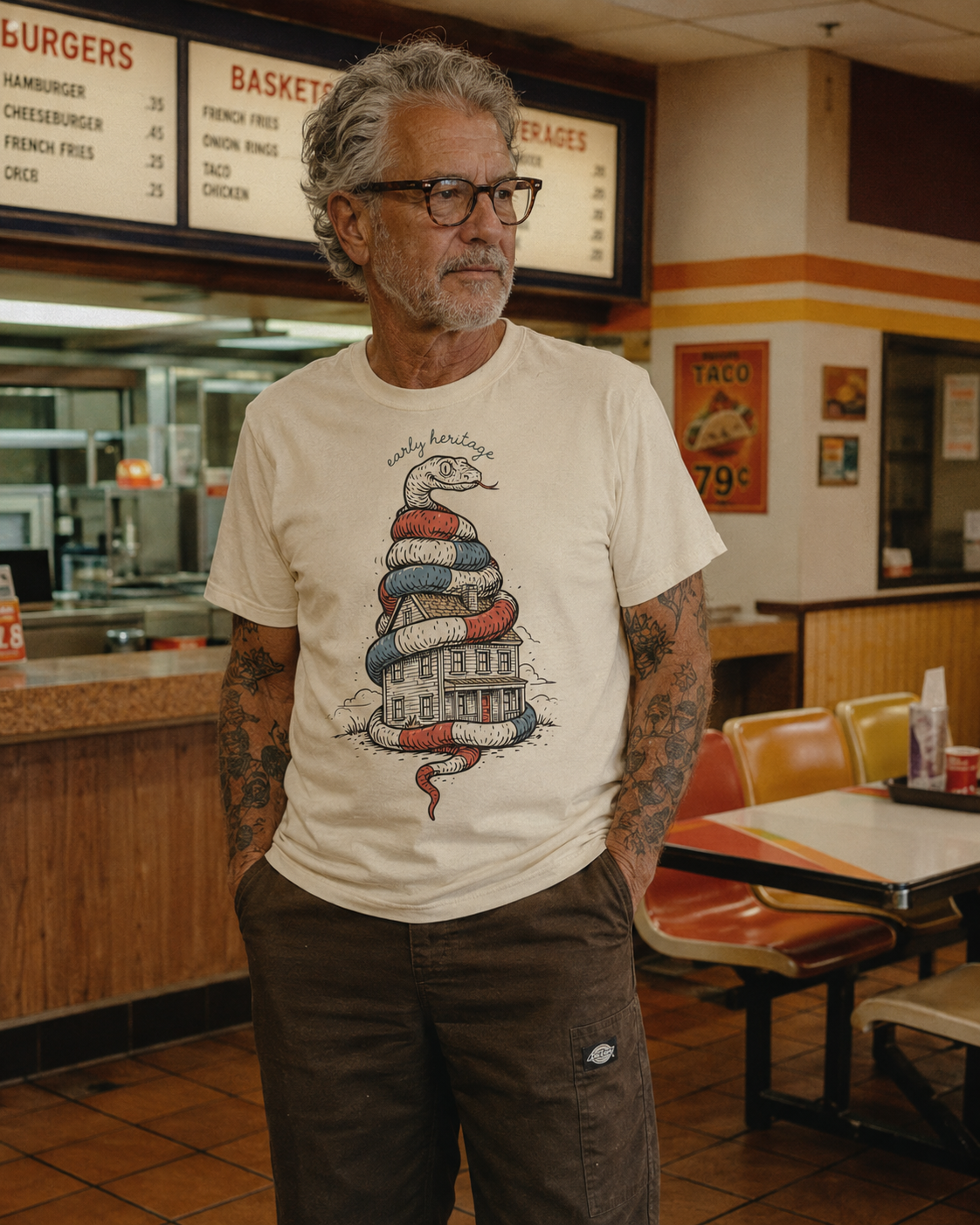 Model at a vintage diner in the snake-house cream tee.